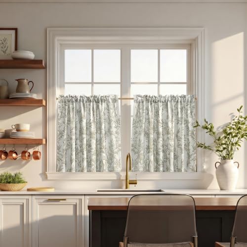Image of TWOPAGES Rod Pocket Leaf Print Cafe Curtains, Dove Grey, 26W x 24L