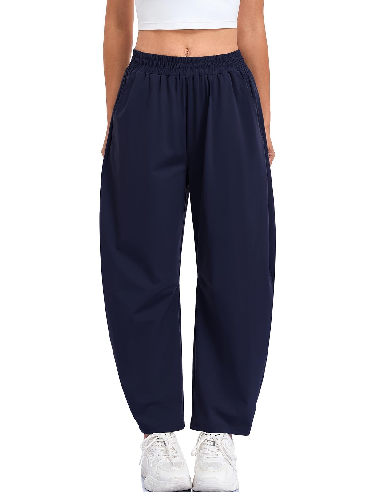 Women's Barrel Ankle Pants Quick Dry Baggy Wide Leg Hiking Pants Casual Elastic Waisted Travel Pants with Pockets