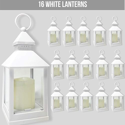 Miniatura 2 de Faroles blancos decorativos  Juego de temporizador de 16  4 horas  9 38 pulgadas de alto linternas LED blancas con velas de pilar sin llama