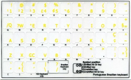 4Keyboard Portuguese Brazilian Keyboard Labels with Yellow Lettering Transparent Background for Desktop, Laptop and Notebook