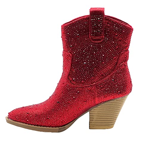 FOREVER Women Rhinestone Block Chunky Heel Ankle Bootie River-01 Red 10,Red Rhinestone-01