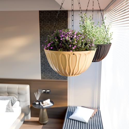Image of YUCCABE ITALIA SHERA Hanging Wave 8 INCH, Plastic Flower Pot with Drainage Holes Round Planter Pot Suitable for Inddor Outdoor Kitchen (Beige, Pack of 3)