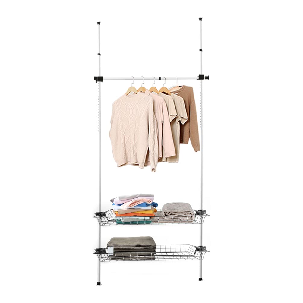 YNBSHGAA Adjustable Heavy Duty Standing Garment Rack with 2 Large Shelves and Telescopic Hanging Rod Grey+Silver,Black+white-2V1H-2Basket