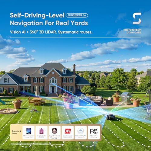Image of Sunseeker S4 LiDAR Robot Lawn Mower for Up to 0.25 Acre (1000 m), Vision AI + 360 3D LiDAR Navigation, Wire-Free Virtual Boundary, Systematic Cutting, 42% Slope, App Control, 60 dB Quiet Mowing