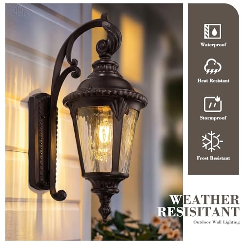 Image of Emliviar 19.7 inch Outside Wall Sconce Porch Light with Oil Rubbed Bronze Finish, Water Ripple Glass Front Door Wall Lighting for Yard, XE265B-S ORB-SW