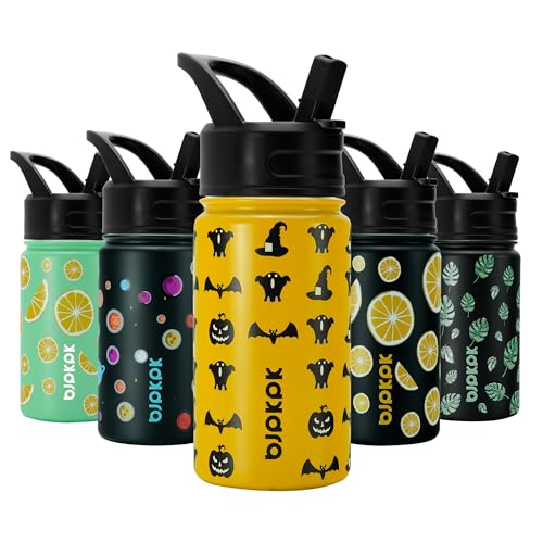Image of BJPKPK 15oz Insulated Water Bottle with Straw Lid, 15oz Stainless Steel Water Bottles, Reusable Leak Proof BPA-Free Thermos with 2 Straws, 1 Straw Brush(Halloween)