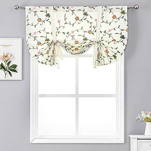 Wubodti Beige Kitchen Curtains Tie Up Balloon Shades 63 Inch Length, Room Darkening Cream Embroidered Floral Curtain Valance For Small Windows Bedroom Living Room Farmhouse Bathroom Home Decor #TOP2