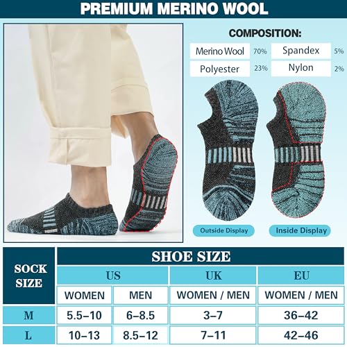 Image of Merino Wool Ankle Athletic Running No Show Socks Cushioned Breathable Sports Warm Thick Socks for Men and Women 6 Pairs