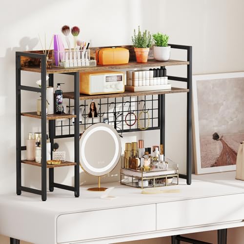 Image of Tangkula Desktop Bookshelf for Computer Monitor Up to 32 inch, 37 inch x 29 inch Countertop Storage Hutch with 4 Open Storage Shelves, Grid Panel, Anti-tip Device, 4-Tier Desktop Display Shelves for Home Office