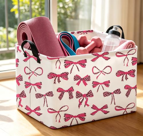 Image of Rectangle Storage Bin,Gift Basket,Room Decor(Pink leopard print bow)