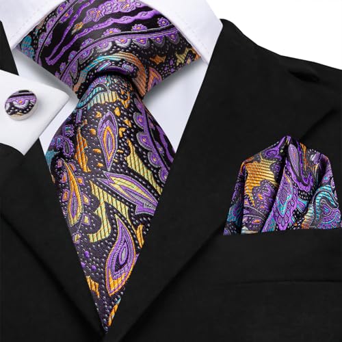 Image of Hi-Tie Men Ties Sets Silk Stripe Paisley Necktie Pocket Square Cufflinks for Business Wedding