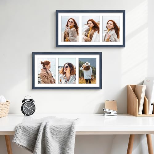 Image of DUENPY 8x16 Collage Picture Frame 5x7 Collage Picture Frame Displays Three 5x7 inch Photos or 8x16 (Without Mat) for Available Horizontal Wall Mounting Display and Vertical Navy Blue