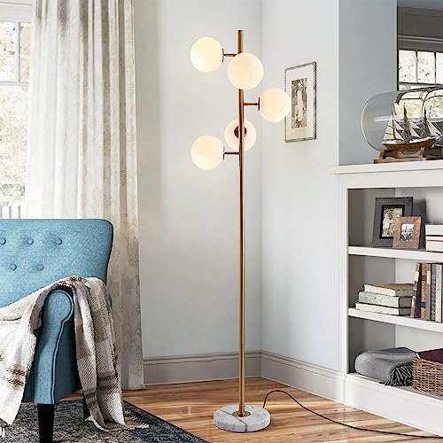 Image of BOKT Gold Mid Century Modern Floor Lamp 5-Lights Glass Globe Floor Lamp Antique Brass Floor Lamps Contemporary Tall Free Standing Reading Lamp for Bedroom Living Room