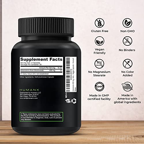 Humanx Artemisinin 450 Mg - Supports Healthy Aging, Digestion, And Immunity - Usa Third Party Tested - Vegan, Non-Gmo - Artemisia Annua Supplement - Sweet Wormwood Extract - Easy To Swallow Capsules #TOP1
