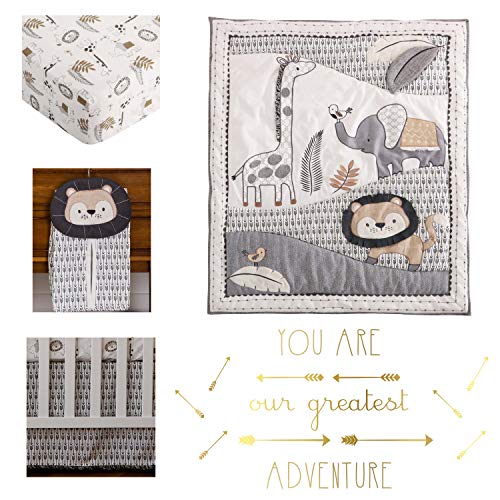Levtex Baby - Tanzania Crib Set - Baby Nursery Set - Charcoal Cream Tan - Jungle - Giraffe Lion Elephant - 5 Piece Set Includes Quilt, Fitted Sheet, Diaper Stacker, Wall Decal & Bed Skirt/Dust Ruffle #TOP5