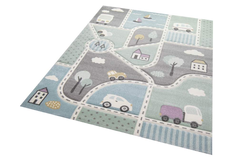 CARPETIA Alfombra Infantil Alfombra para niños con Calles y Autos Azul Verde Größe 80x150 cm