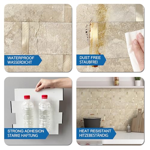 M MOFIT Metro Fliesen Selbstklebend Küche,Marmor Selbstklebend Wandfliesen Metall Fliesenaufkleber Bad Wasserdicht Hitzebeständig Große Fliesen Wand(5 Matte,Rostiges Beige)