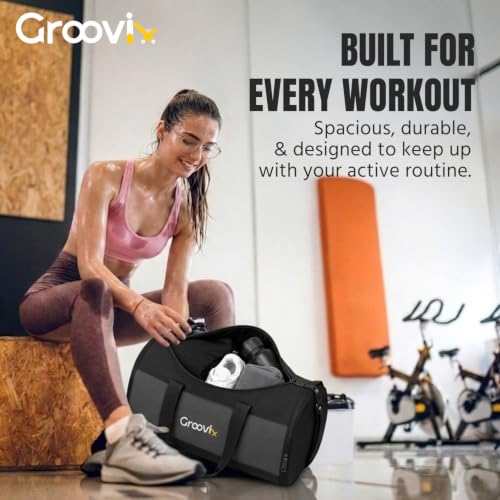 Image of GROOVIX 20L Gym Bag, Black, Polyester, Water Resistant, with Dedicated Shoe Compartment, Adjustable Shoulder Strap, Unisex Duffel for Training, Yoga, and Travel