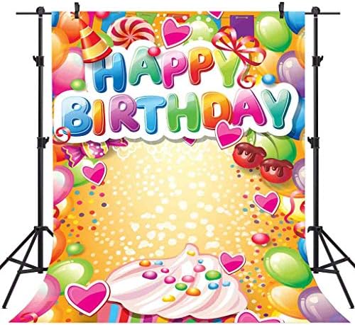 FLASIY Happy Birthday Photography Backdrops 5x7FT Colorful Balloons Sweet Candy Photo Background for Children Baby Themed Party Photo Studio Backdrop Props AYY020