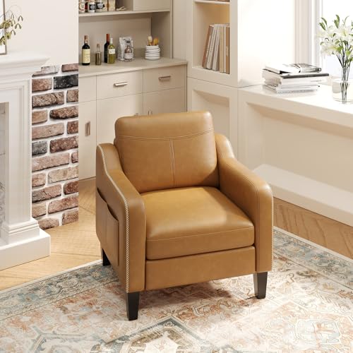 MALOL PU Leather Accent Chair, Mid-Century Modern Living Room Armchair Sofa with Removable Cushions, Solid Wood Frame & Stitched Armrest Design, Bedroom Chair with Plastic Legs, Brown