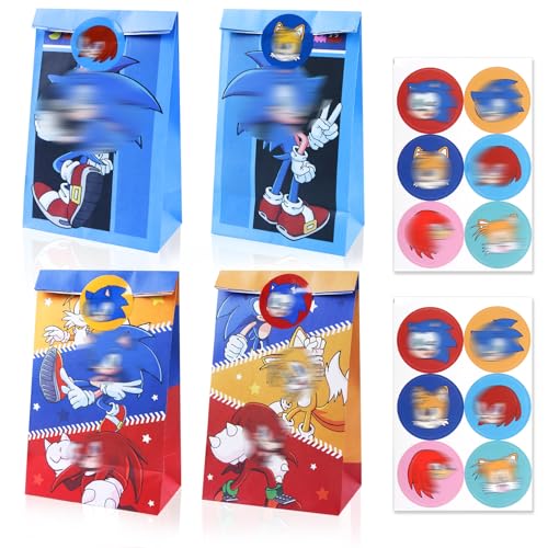 12 Pcs Son-i Party Bags for Kids Paper Gift Bags with 12 Stickers Candy Goodie Treat Bags for Birthday