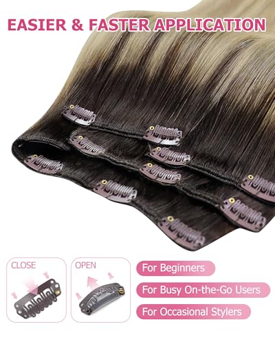 Image of YoungSee Ombre Clip in Hair Extensions 18 Inch Invisible Clip on Hair Extensions Human Hair Medium Brown Ombre Golden Blonde Mix Platinum Blonde Balayage Clip in Extensions Real Human Hair 120G 7Pcs
