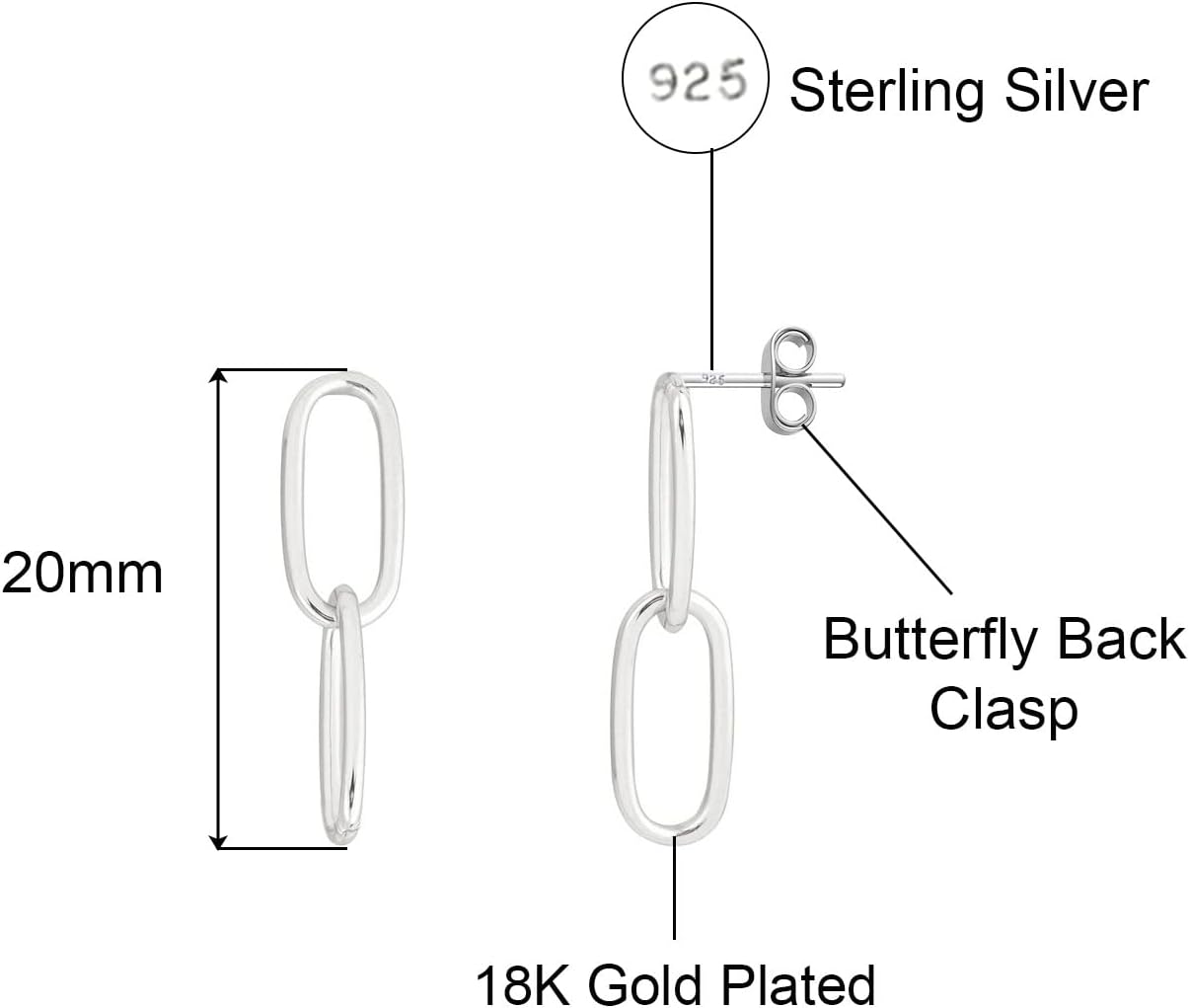 Savlano 925 Sterling Silver Paperclip Link Chain Stud Earrings-18K Gold Plated Dangle Drop Earrings for Women Made in Italy Comes with Gift Box - Image 4