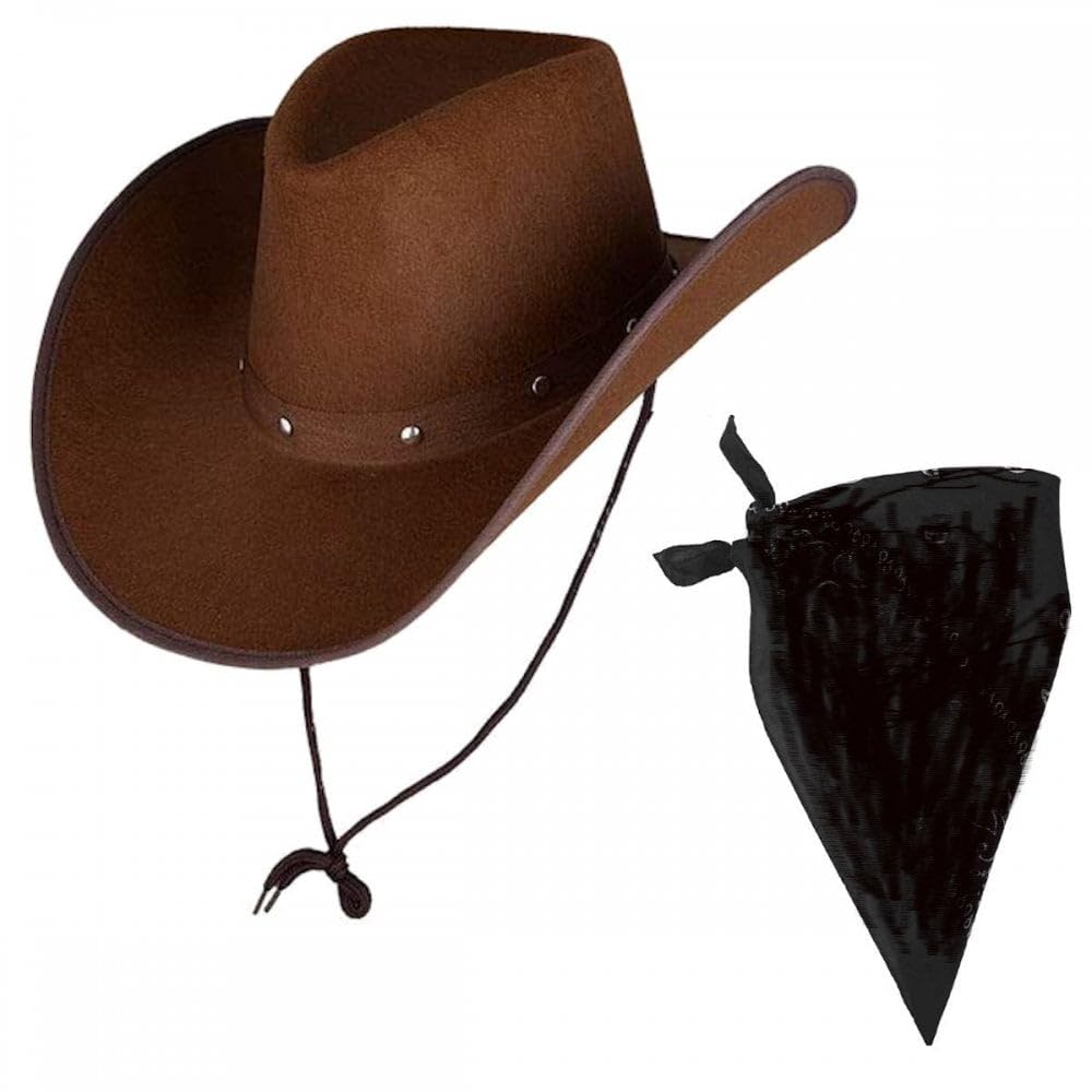 Titch & Timbo Dark Brown Texan Cowboy Hat + Bandana Set : Adult Mens Womens Western Wild West Rodeo Barn Dance Cowgirl Music Festival Pop Tour Fancy Dress Accessory (Plain Bandana, Black Bandana)