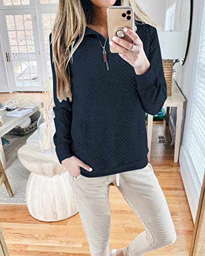 Btfbm Women Fashion Quilted Pattern Lightweight Zipper Long Sleeve Plain Casual Ladies Sweatshirts Pullovers Shirts Tops (Navy, Medium) #TOP1