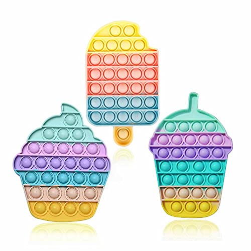 Lulupia 3Pcs Push Pop Bubble Fidget Toy, Silicone Fidget Popper Squeeze Sensory Toys, Ice Cream Stress Anxiety Relief Toys for Kids and Adults