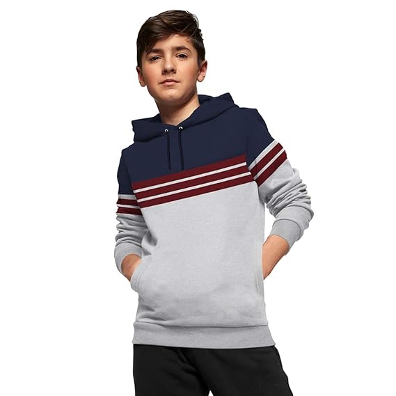 BLIVE Full Sleeve Color Block Printed Boys Hooded Sweatshirt Maroon Grey | Hoodies