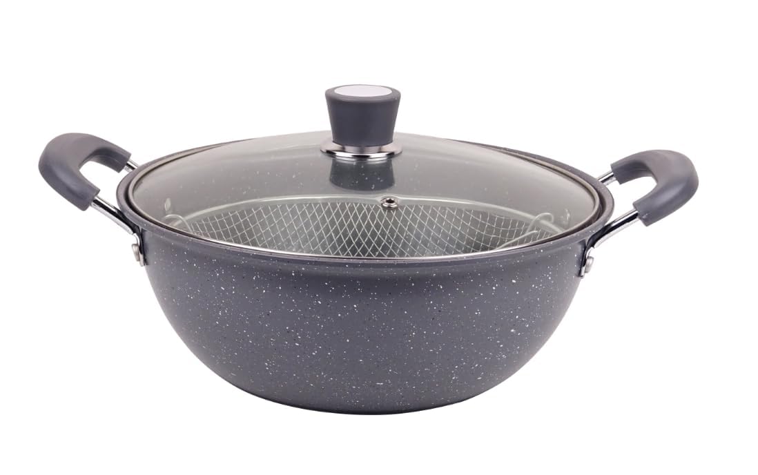 VBM Stir Fry Pan 22cm Basket With Glass Lid And Handle Non stick Wok Hob Pan Deep Frying Pan Steamer Fryer Pot Pans 2.L For Kitchen Cooking Pot For Kitchen 1