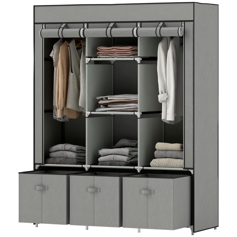 I0I&I0I Kleiderschrank Stoffschrank Faltschrank mit Reißverschluss & Kleiderstange, 3 Schubladen & 5 Ablagen, Faltbarer Garderobenschrank 125x43x162,5 cm für Schlafzimmer & Ankleidezimmer (Hellgrau)