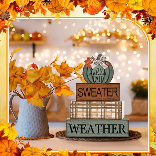 Image of Moucuny 4 Pcs Thanksgiving Pumpkin Decor Fall Decorations for Home Thanksgiving Table Centerpiece Pumpkin Tiered Tray Decor Rustic Decorative Block Signs Farmhouse for Harvest Party Table Kitchen Home