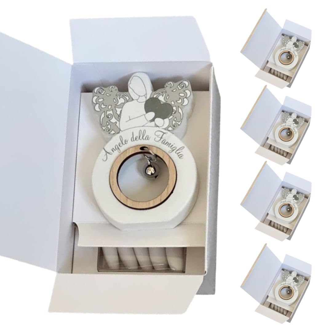 Regalami.Shop Set 4 bomboniere Angelo in Marmo di Carrara e Legno cm 11,5x7 comleto di Tutto (4 Pezzi fam)