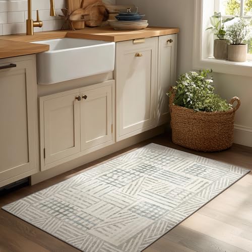 Image of Non-Slip Washable Entry Rug 2x3 Abstract Geometric Textured Brushstroke - Neutral Gray & Light Blue Modern Minimalist Hallway Runner Rug, Decorative Carpet for Living Room Bedroom Home Decor