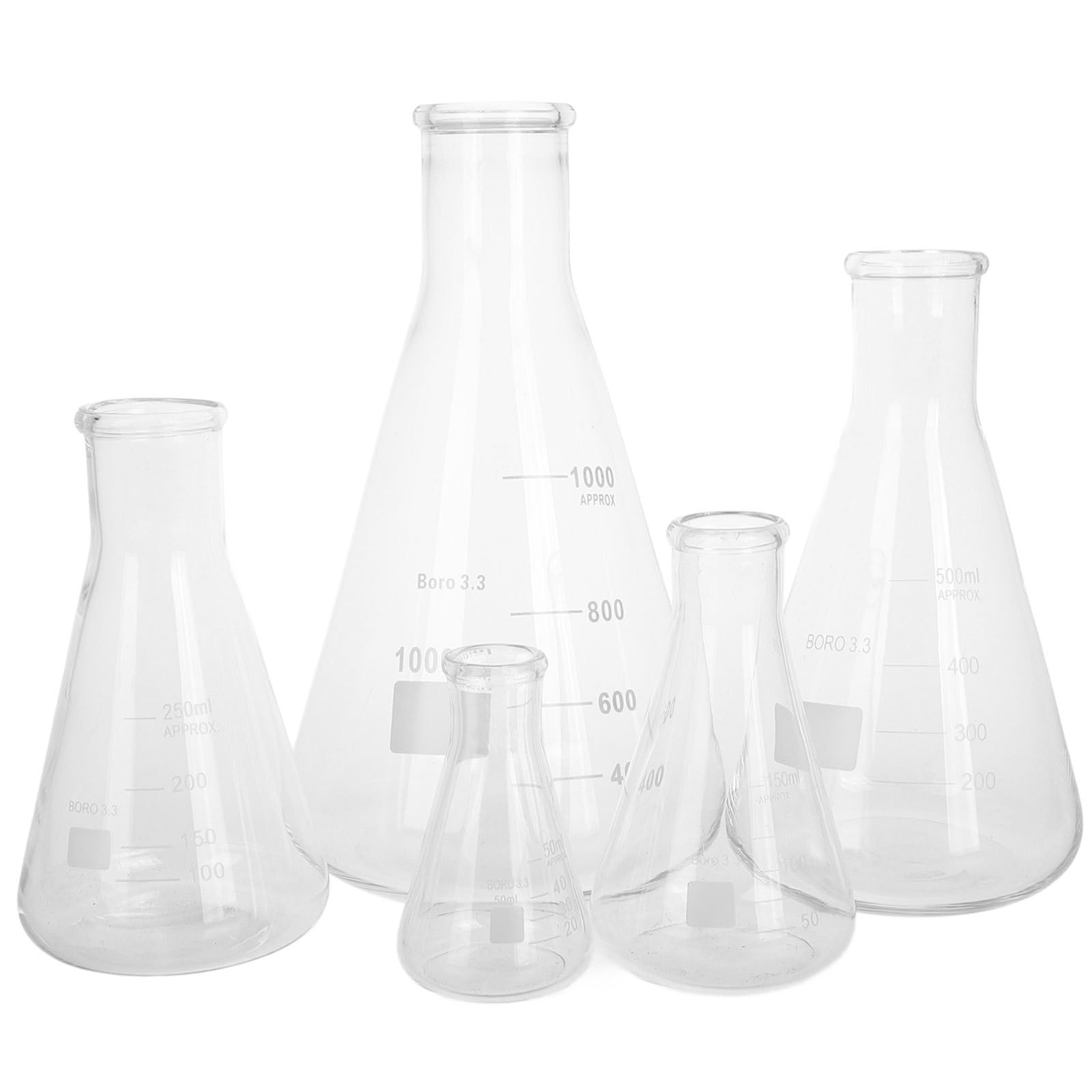 Matraces Erlenmeyer y Diseño Cónico de de Borosilicato Juego de 5 Base Triangular, Resistentes a Altas para Químico