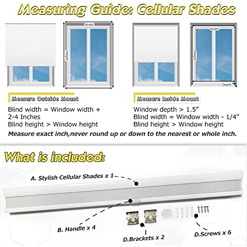 Keego Cellular Shades Cordless Window Shades Free-Stop Blackout Blinds Single Cell Honeycomb Blinds (White Color, 34" W X 48" H) #TOP5