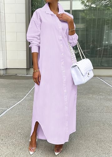 Image of Choichic Button Down Shirts for Women Cotton Casual Collared Striped Shirt Long Sleeve Maxi Dress