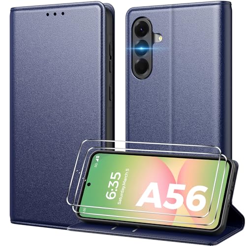 Peakally Funda para Samsung Galaxy A56 5G con Tapa y 2 pcs Protector Pantalla, [Ranura para Tarjeta] Funda Libro Carcasa para Samsung A56 5G PU Case [Función Soporte], Azul