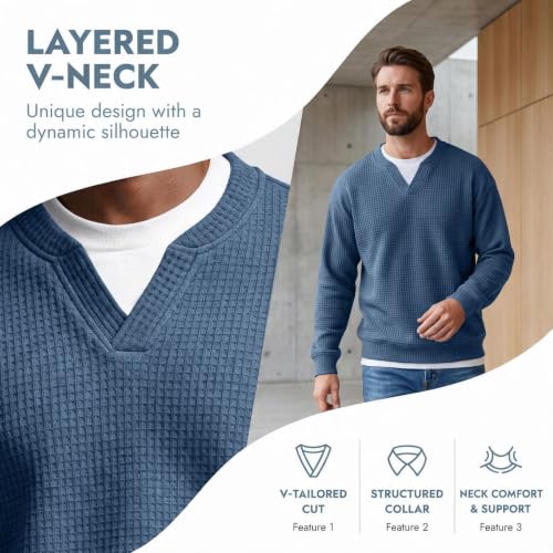 Waffle Shirts for Men Long Sleeve V Neck Fake 2 Piece Casual Layered Shirt - image 4