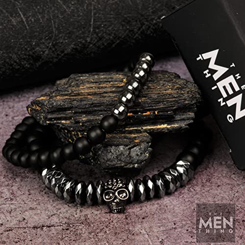 Image of THE MEN THING LAVA EMBRACE SKUL DUO- Black Silver tone - Beads Bracelet with Natural Volcanic Stone - 7inch Stretch Bracelet