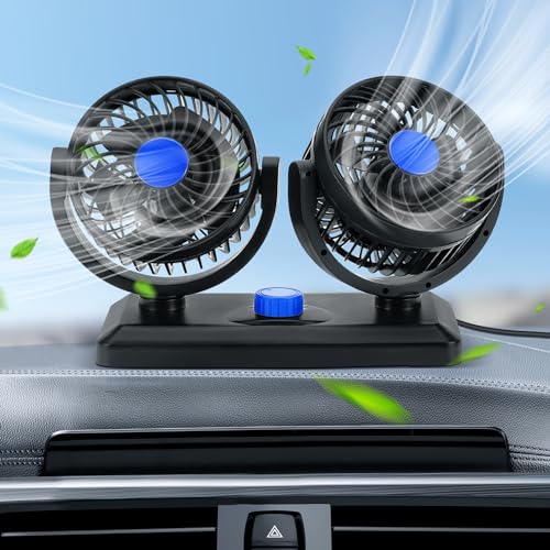 Snorthy Ventilador Portátil para Coche 12V/24V de Doble Cabeza, 2 Velocidades con Rotación 360°, Eléctrico con Encendedor para Camión (12V Azul)
