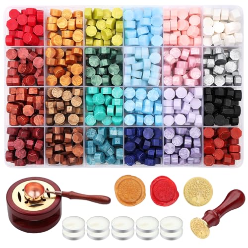 Dsaren 604Piezas Perlas de Cera Octagonal Cuentas de Cera de Sellado Retro Cera para Sellar con 3Velas Blancas 1Cuchara para Invitación de Boda Sobre Sellado Tarjeta de Felicitación (Color A)