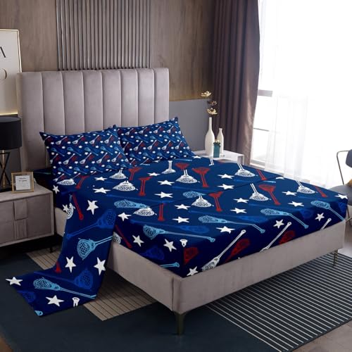 Feelyou Lacrosse Bed Sheets Set Twin Size Ball Sports Theme Bed Set for Kids Boys Girls Lacrosse Games Lover Deep Pocket Fitted Sheet Blue Breathable Soft Lightweight Microfiber
