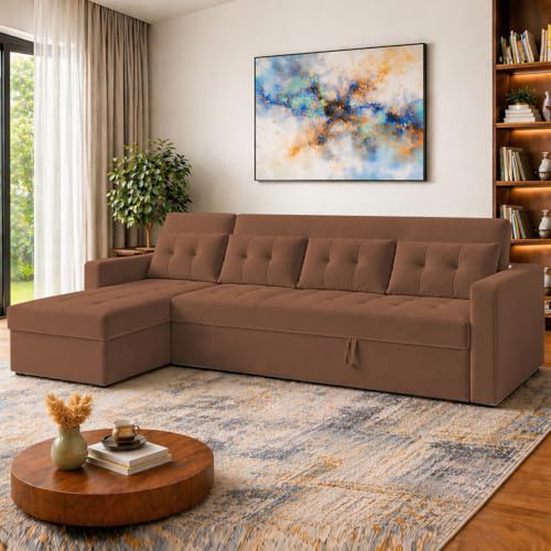 Image of Emilio 6 Seater LHS L - Shape Pull-Out Sofa Cum Bed Sofa for Living Room (Brown Fabric Color) Premium Fabric Sofa Set for Living Room Sofa Cum Bed