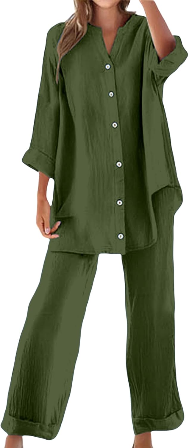 Womens 2 Piece Outfits Cotton Linen Sets Long Sleeve Shirts and Wide Leg Pants Lounge Sets Summer Tracksuit Outfits