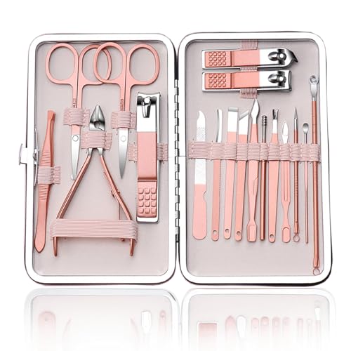 Image of Manicure Set Professional Nail Clippers Kit Pedicure Care Tools-Stainless Steel Grooming Tools for Travel (Pink-18pcs)