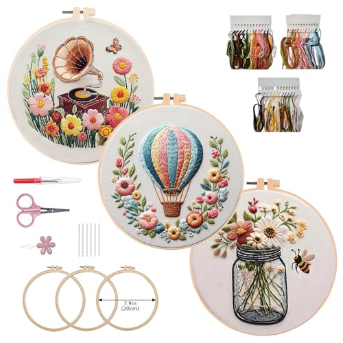 Image of AEDNX 3 Pack Beginner Embroidery Kit DIY Cross Stitch Kit for Adults with Cute Flowers Patterns Includes 3 Embroidery Hoops Detailed Instructions Complete Accessories