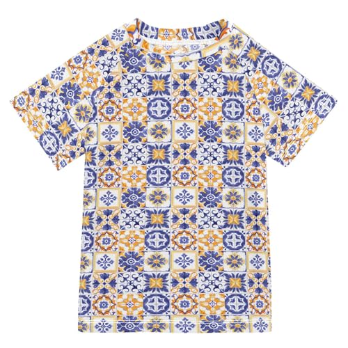 ALAZA Kids Rash Guard Boys Toddler Swim Shirts Short Sleeve Blue and Orange Moroccan UPF 50+ 3T